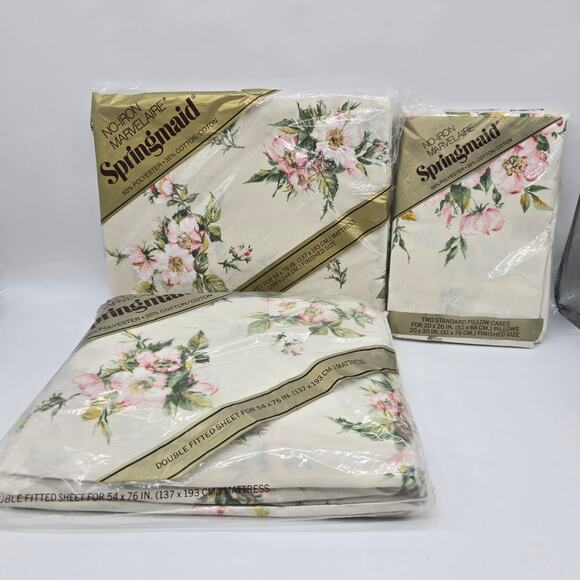 Vintage NOS Marvelaire Springmaid Floral Wild Rose Double Sheet Set Pillowcases - Picture 1 of 11